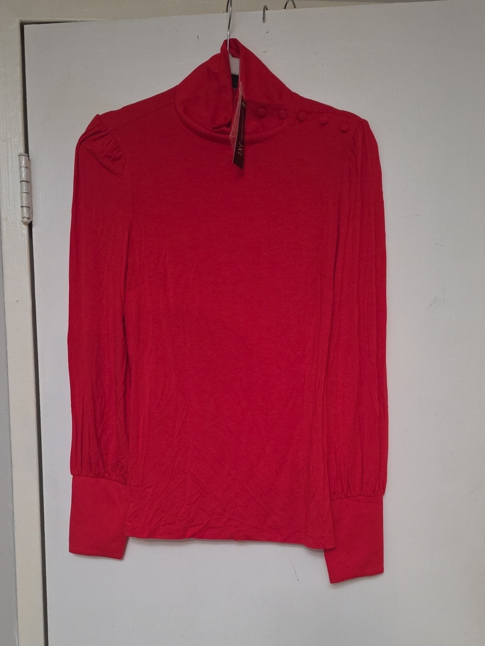 INC International Concepts Red Mock-Neck Long Sleeve Top with Button Shoulder